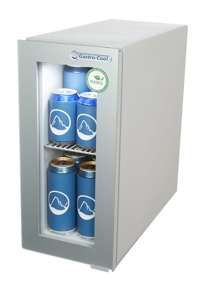 Gastro-Cool - Extra kleiner und schmaler Getränkekühlschrank mit Glastür - silber - GCGD8 - seitlich gefüllt