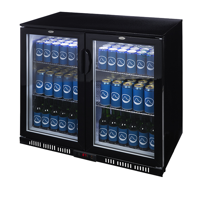 Gastro-Cool Flaschenkühlschrank mit Glastür - schwarz - Flügeltür selbstschließend - GCUC200 Seitlich voll