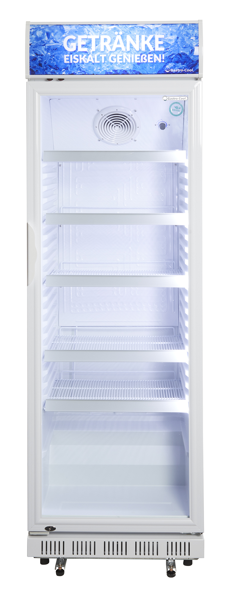 Gastro-Cool - Glastürkühlschrank mit Werbedisplay - weiß - GCDC400 - Frontansicht leer