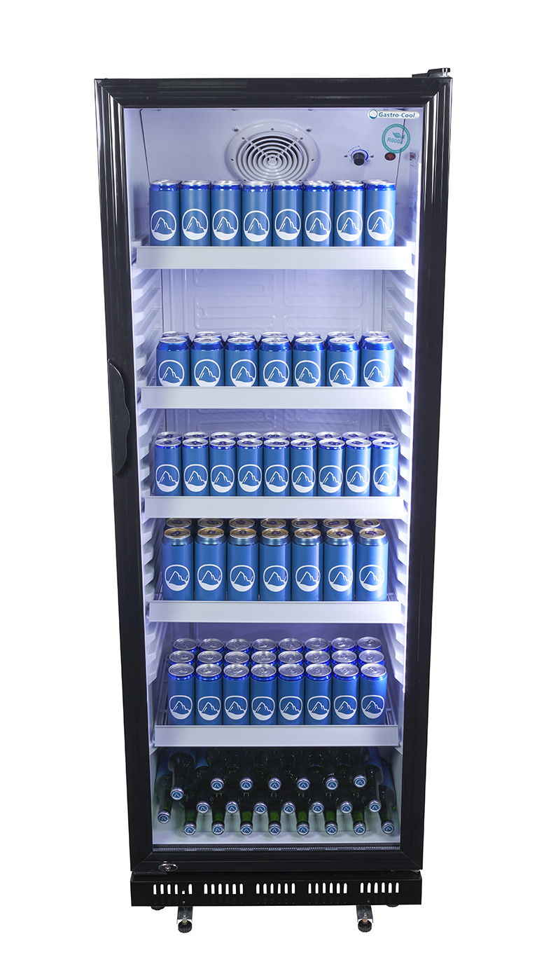 Gastro-Cool - Flaschenkühlschrank - schwarz mit weißem Innenraum - GD360 - frontal gefüllt