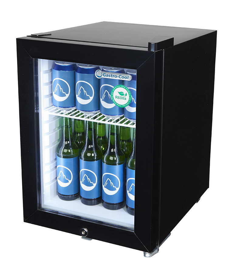 Gastro-Cool Thekenkühlschrank - mini - für POS Werbung - schwarz/weiß - LED - GCKW25 Seitlich gefüllt