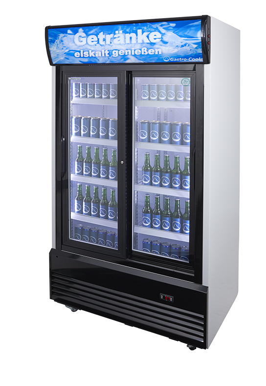 Gastro-Cool - GCDC800 Getränkekühlschrank mit Doppeltür - extra breit - Seitenansicht gefüllt