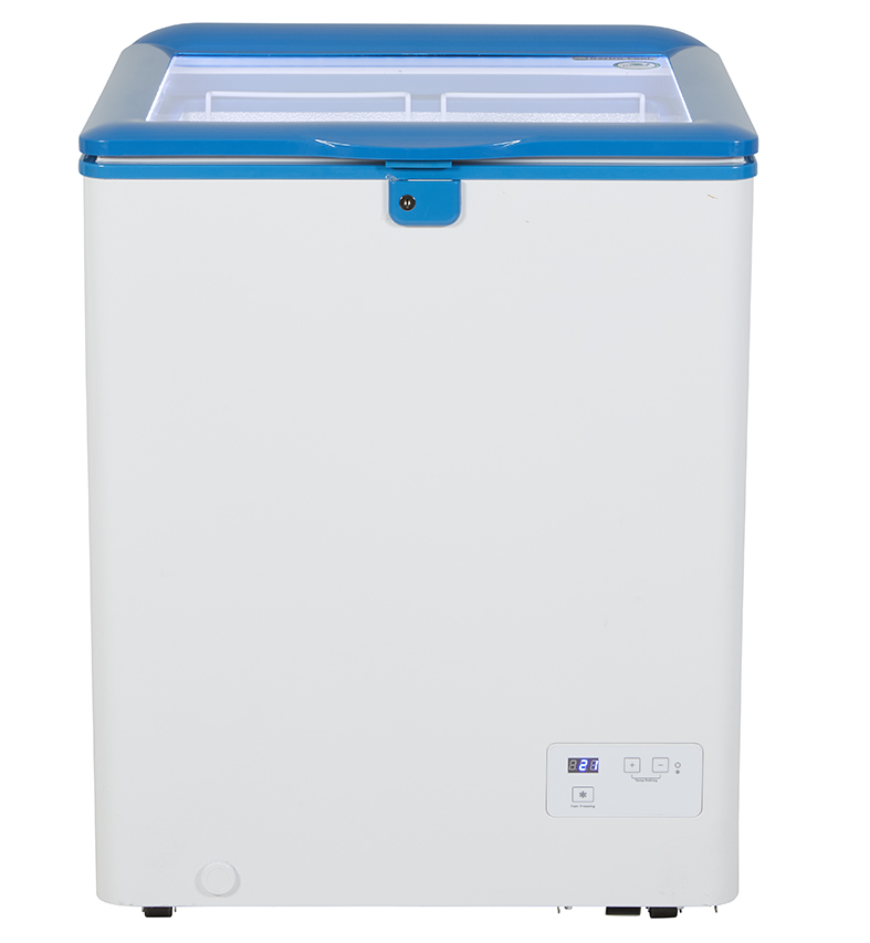 Gastro-Cool - Kühltruhe mit Glasdeckel für Eis oder Getränke (-24 bis +10°C) - weiß/blau - GCFC100 frontal