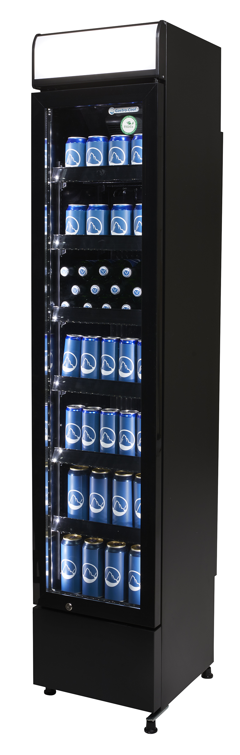 Gastro-Cool - GCDC130 schmaler Werbekühlschrank in schwarz - power LED - Seitenansicht gefüllt