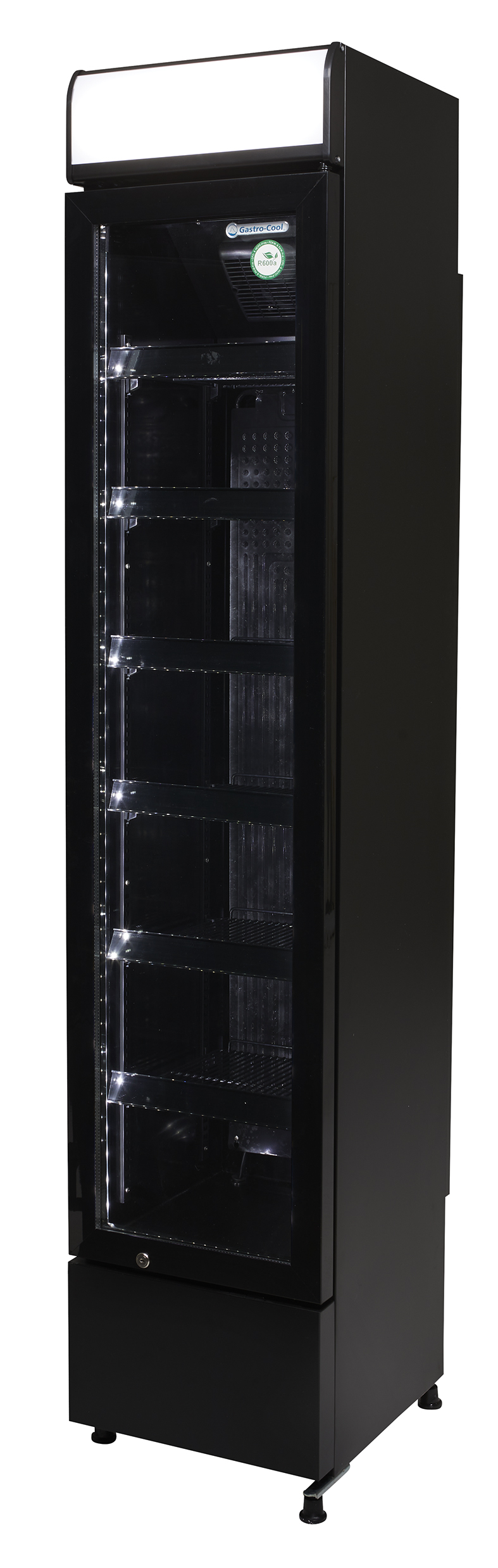 Gastro-Cool - GCDC130 schmaler Werbekühlschrank in schwarz - power LED - Seitenansicht leer
