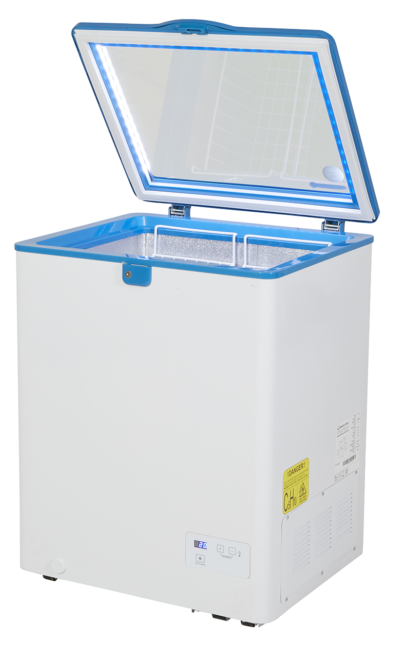 Gastro-Cool - Kühltruhe mit Glasdeckel für Eis oder Getränke (-24 bis +10°C) - weiß/blau - GCFC100 seitlich geöffnet