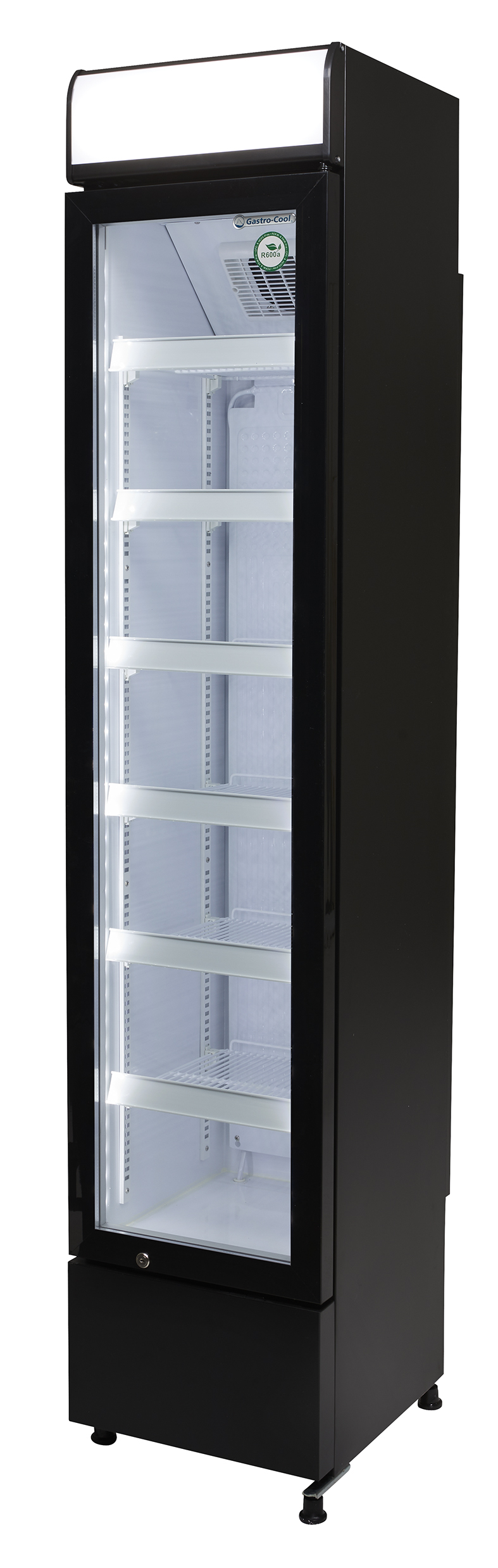 Gastro-Cool - Flaschenkühlschrank - schmal - Werbung - schwarz/weiß - LED - Seitenansicht leer