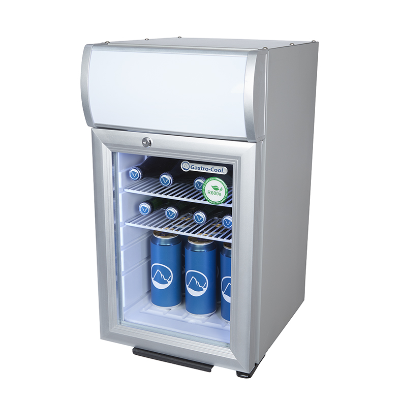  Gastro-Cool - Displaykühlschrank - klein - silber/weiß - power LED - GCDC25 - Seitenansicht gefüllt