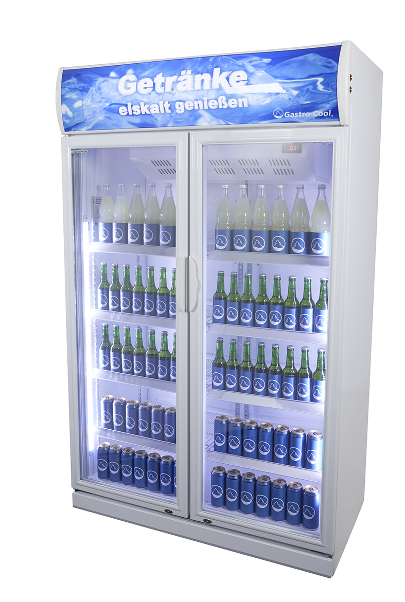 GCDC1050 - Kühlschrank für Kiosk - zwei Glastüren - LED - Seitenansicht gefüllt