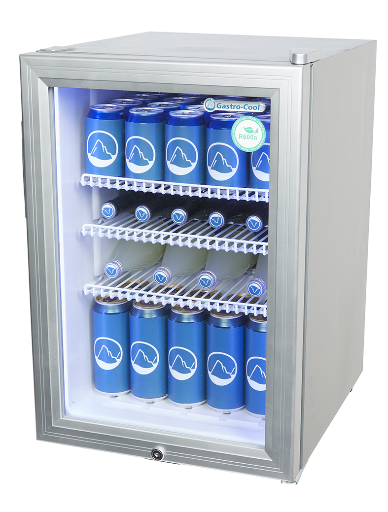 Gastro-Cool - Kühlschrank - klein - Glastür - silber - LED - GCKW65 - seitlich gefüllt