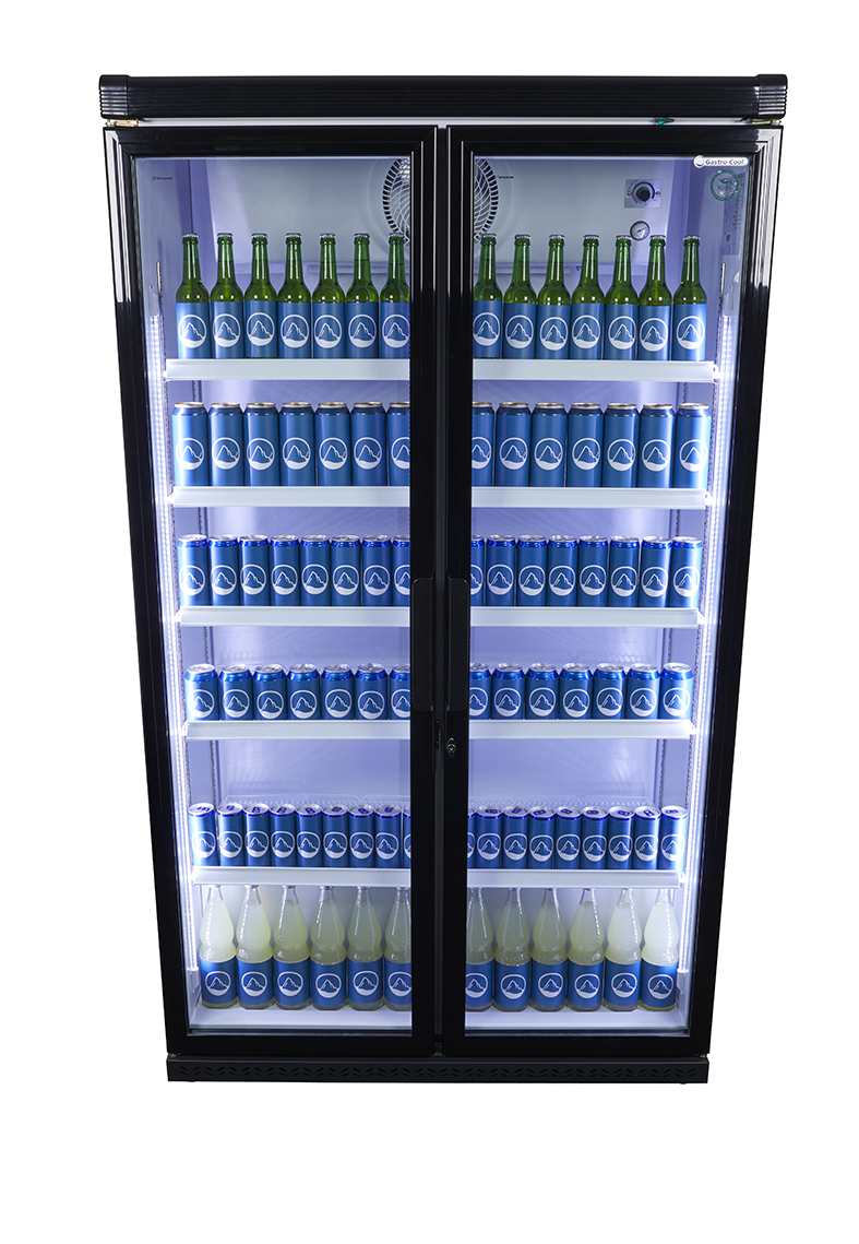 Gastro-Cool - Großer Flaschenkühlschrank Umluft - Kiosk - schwarz - GCGD800 - Frontansicht gefüllt