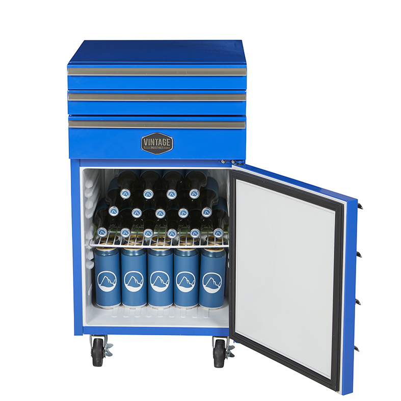 Gastro-Cool - Rollcontainer mit Minibar Kühlschrank - Vintage Industries - Büro - 3 Schubladen - Blau - GCCT50 - frontal gefüllt
