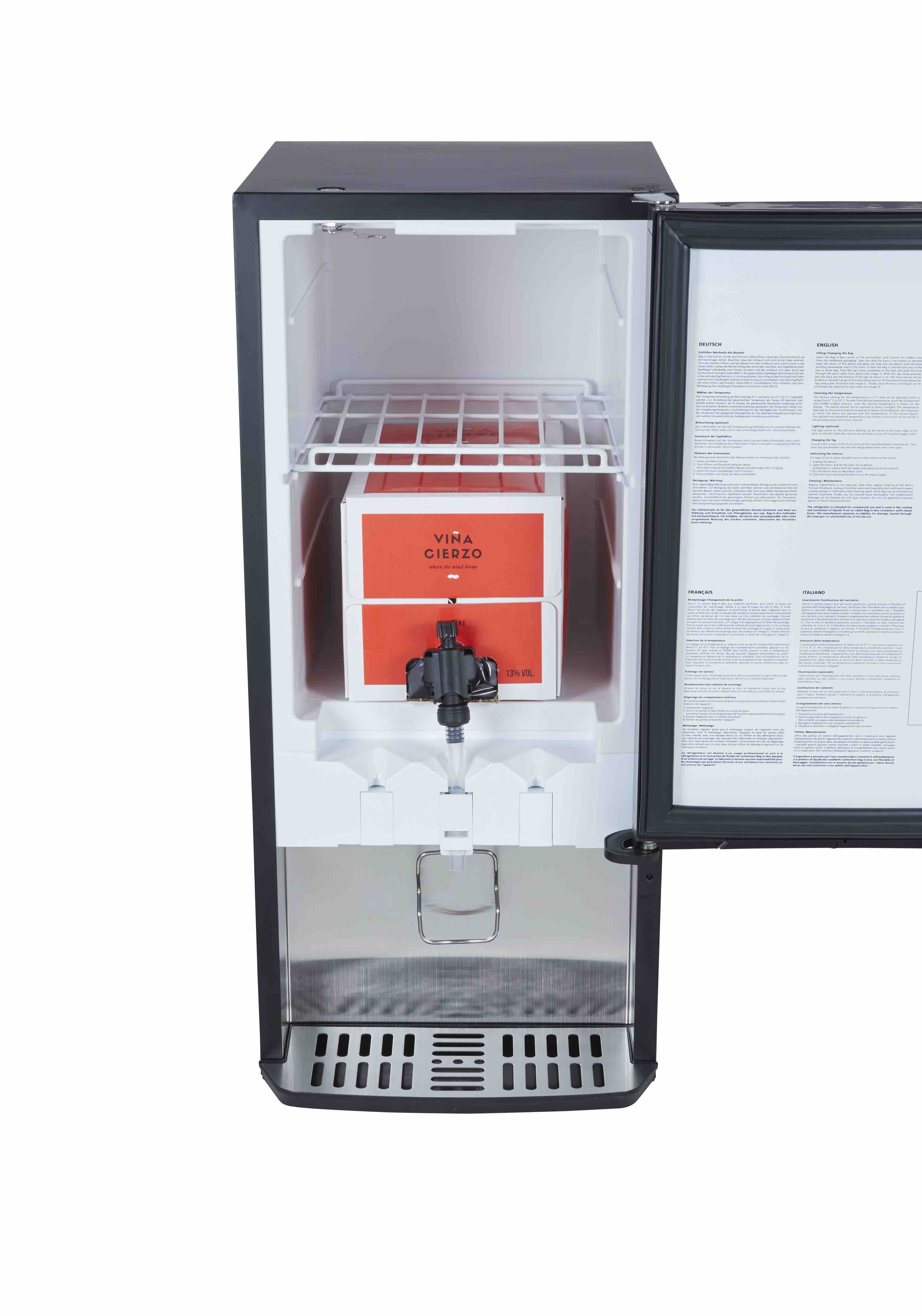 Gastro-Cool - Bag in Box Dispenser Kühlschrank - für Hotel und Gastronomie - GCBIB20 Frontal Innenraum mit Gitter und Box