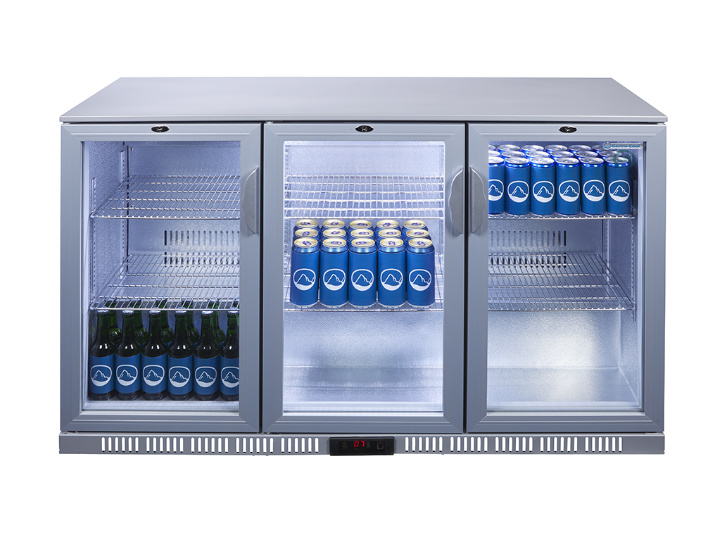 Gastro-Cool - Glastürkühlschrank - Thekenkühlschrank - 3 Schiebetüren - selbstschließend - silber - GCUC300 - Frontansicht