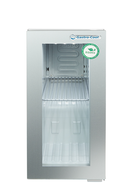 Gastro-Cool - Extra kleiner und schmaler Getränkekühlschrank mit Glastür - silber - GCGD8 - Frontansicht leer