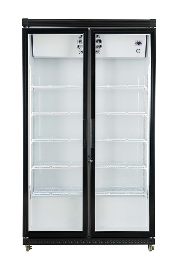 Gastro-Cool - Großer Flaschenkühlschrank Umluft - Kiosk - schwarz - GCGD800 - Frontansicht gefüllt