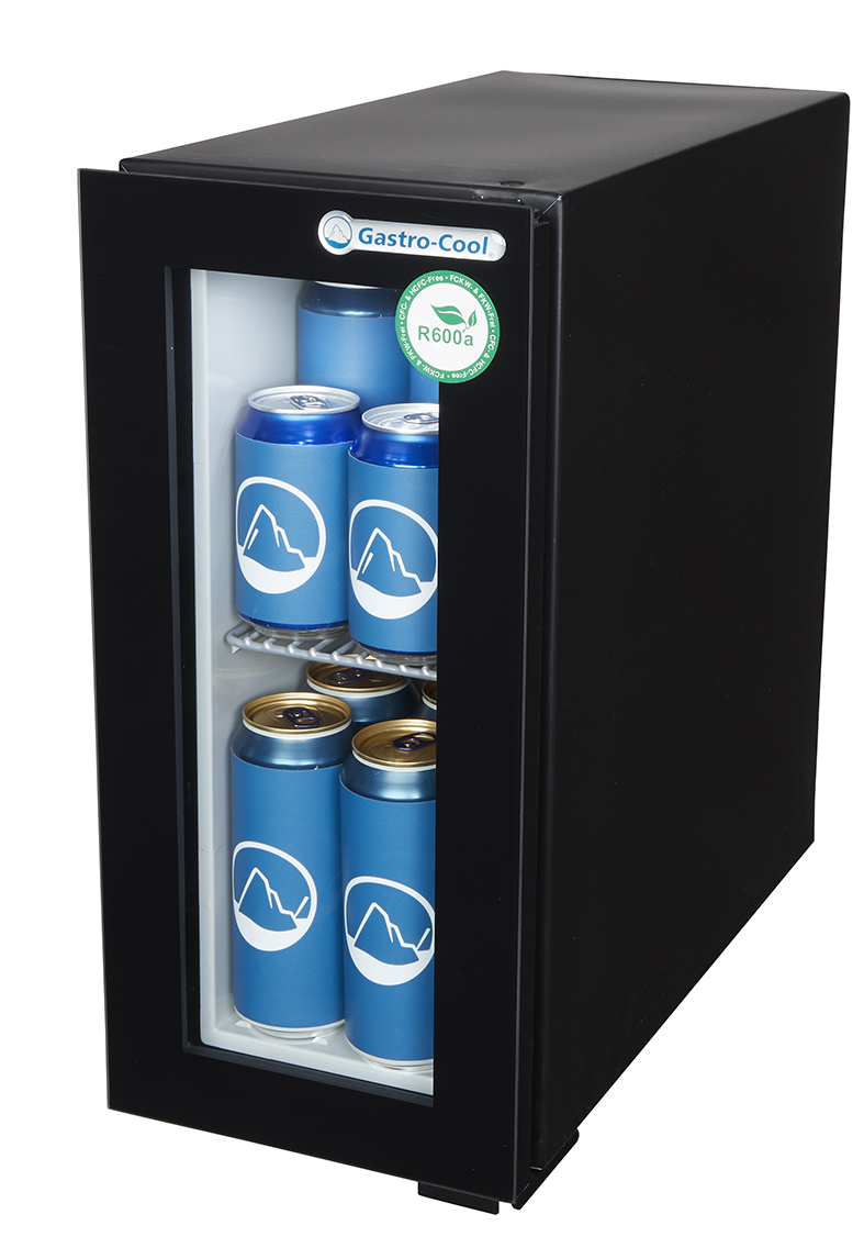 Mini POS Glastürkühlschrank für Werbung - schwarz - GCGD8 - seitlich gefüllt